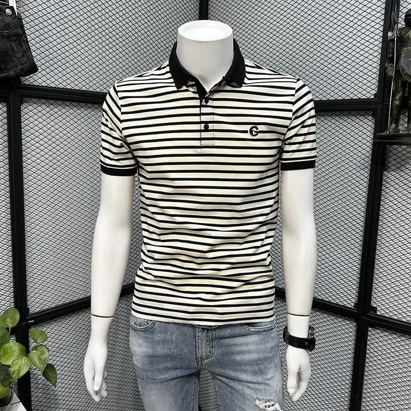 Polo décontracté rayé pour homme, T-shirt à manches courtes, col rond, nouvelle collection été, haut