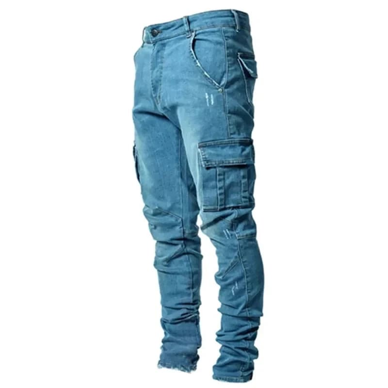 Jean élastique de rue pour hommes, pantalon Cargo en Denim, couleur unie, multi-poches, décontracté,