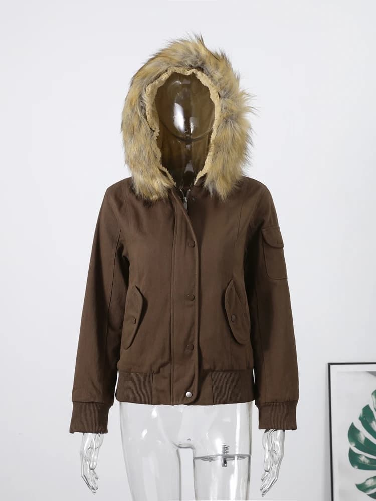 Veste bombardier à capuche avec col en fourrure pour femme, manteau d'hiver, manches longues, simple