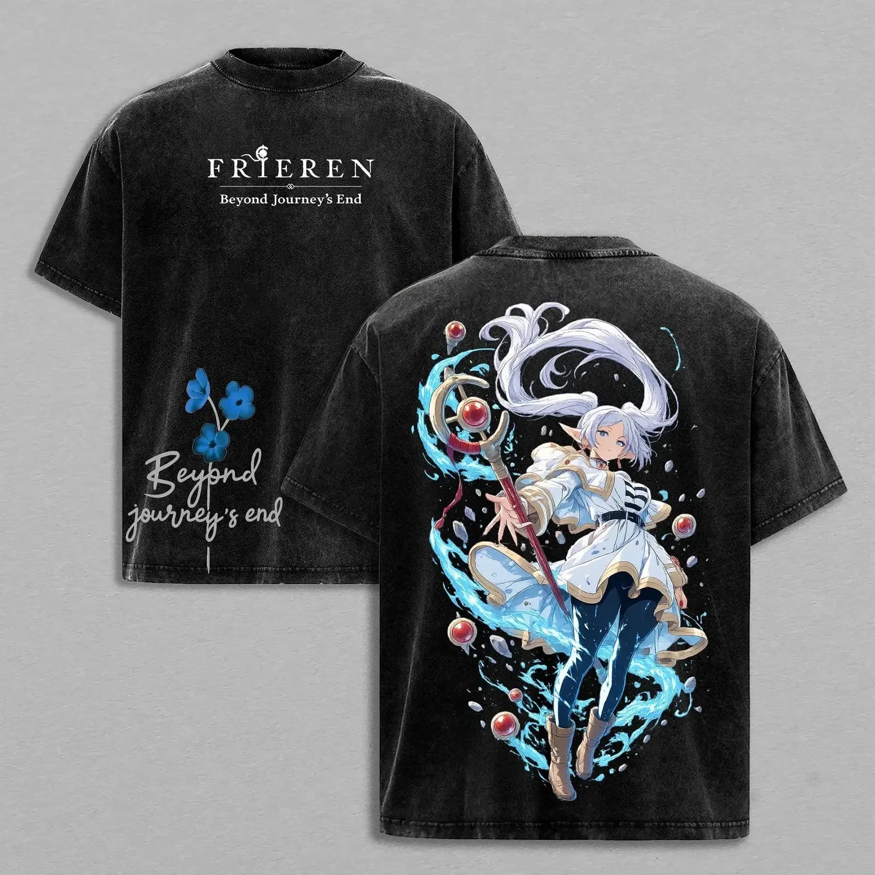 T-shirt imprimé Anime Frieren, style Harajuku, délavé, surdimensionné, manches courtes, en pur coton