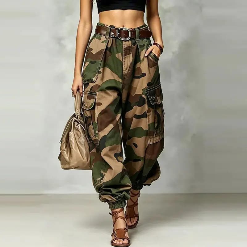 Pantalon cargo camouflage pour femme, décontracté, taille haute, coupe ample, pantalon à neuf points