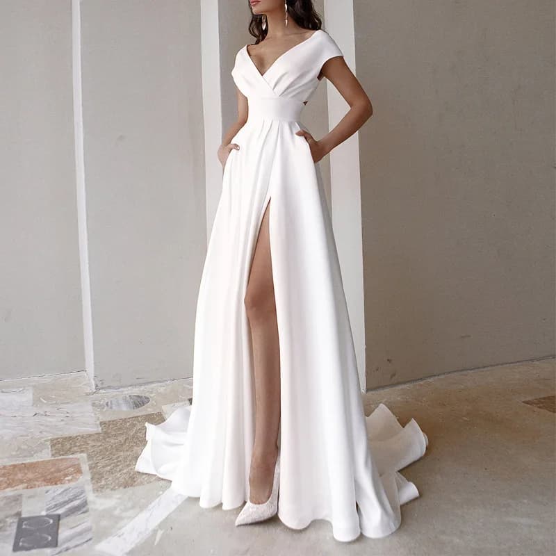 WEIN-Robe longue fendue à col en fibre V pour femme, robe de soirée sexy, robe de soirée élégante po