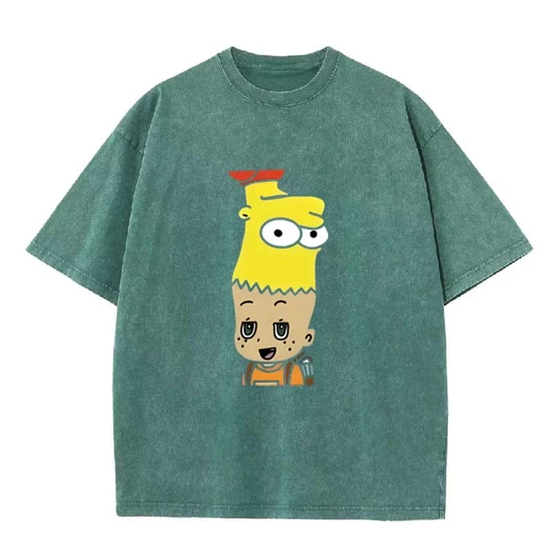 T-shirt noir délavé vintage imprimé Bart Simpson style cartoon, streetwear décontracté