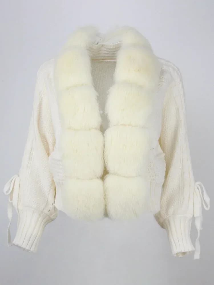 Veste tricotée avec patte de fourrure naturelle pour femme, manteau décontracté, col en vraie fourru