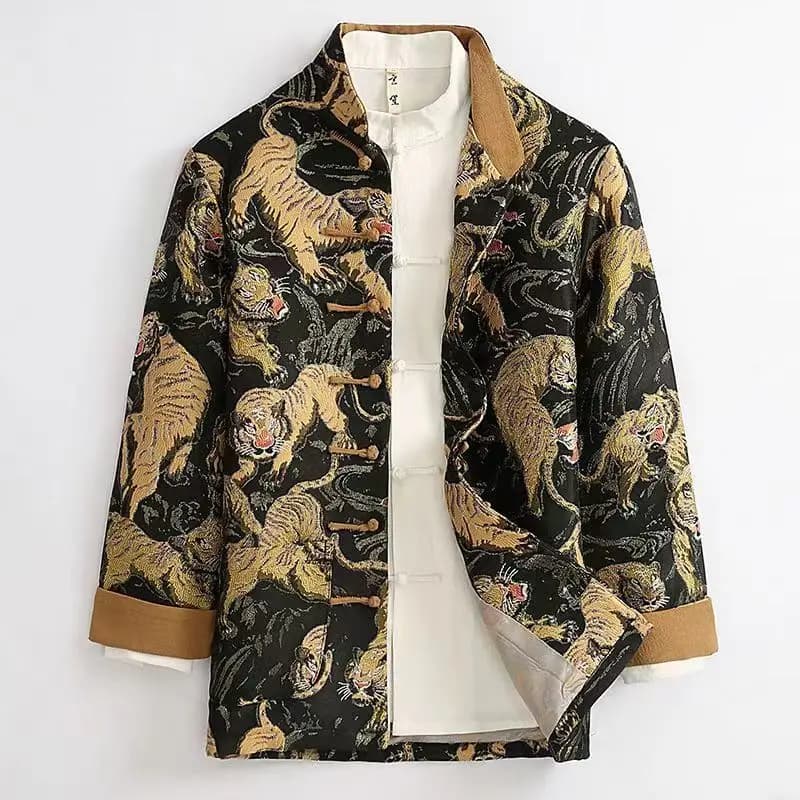 Vestes brodées à boutons de style chinois pour hommes, col montant, veste haute rue décontractée, pa