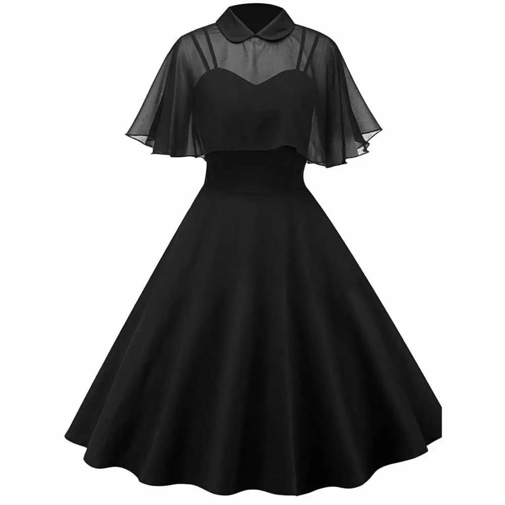 Robe noire cape gothique vintage pour femme, maille deux pièces, manches Everak, col claudine, robes