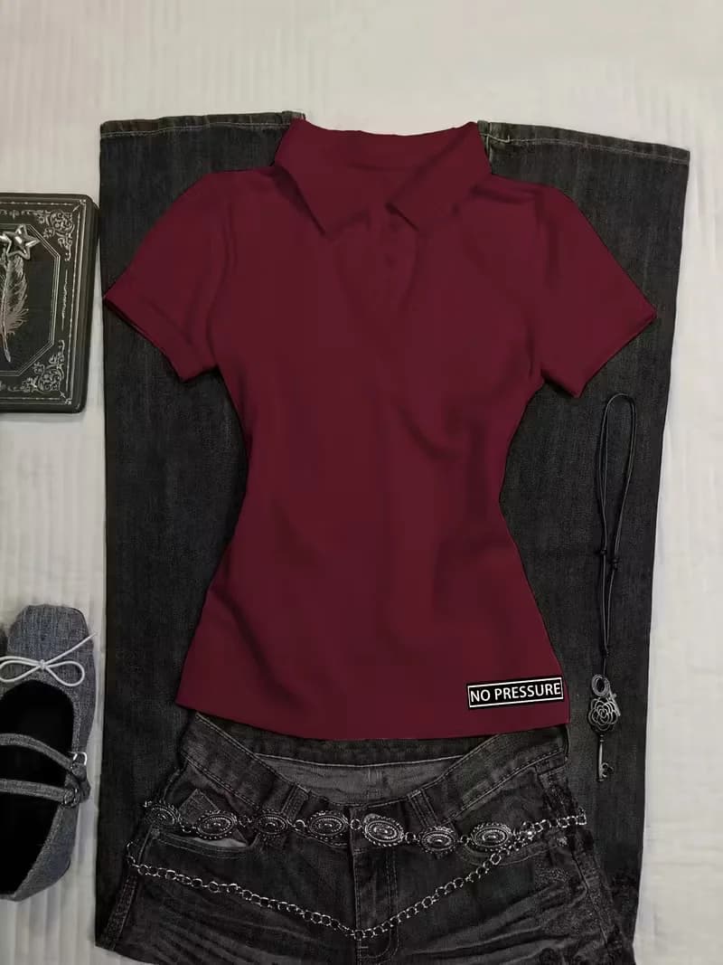 Polo slim noir Y2K pour femme, vêtements de travail, hauts imprimés rouges