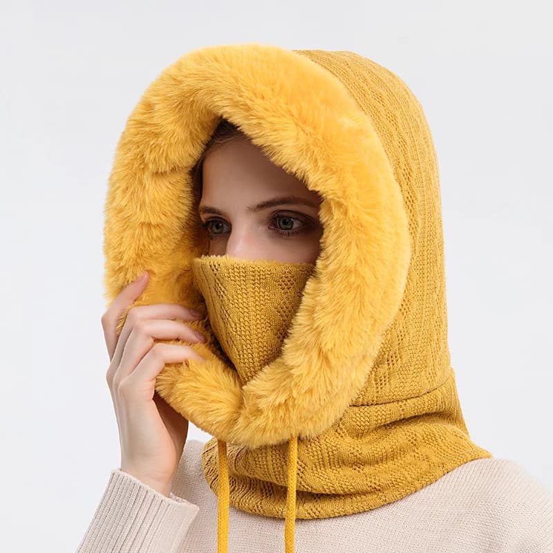 Ensemble de masques et bonnets en fourrure d'hiver pour femmes, col en cachemire tricoté, cagoule ch