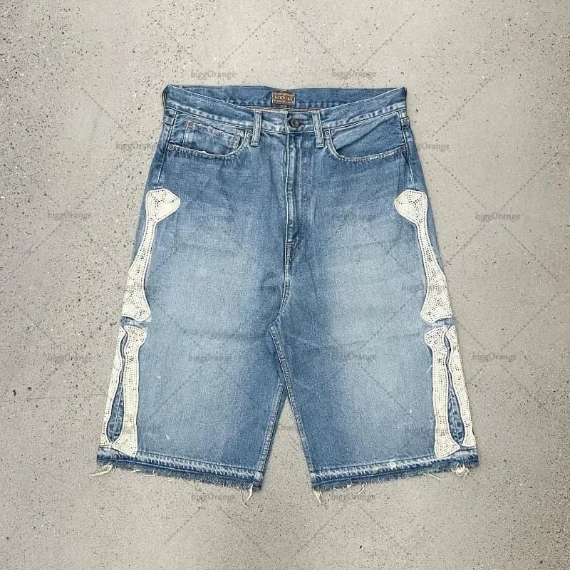 Short en jean gothique rétro diamant chaud pour hommes, vêtements de rue Harajuku Hiphop, jean d'att