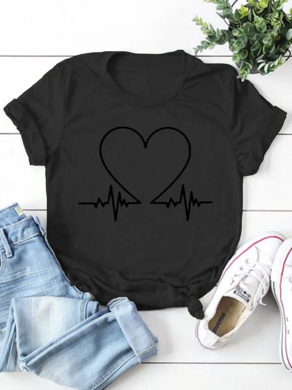T-shirt à manches courtes et col rond pour femme, électrocardiogramme, imprimé cœur, t-shirt pour fe