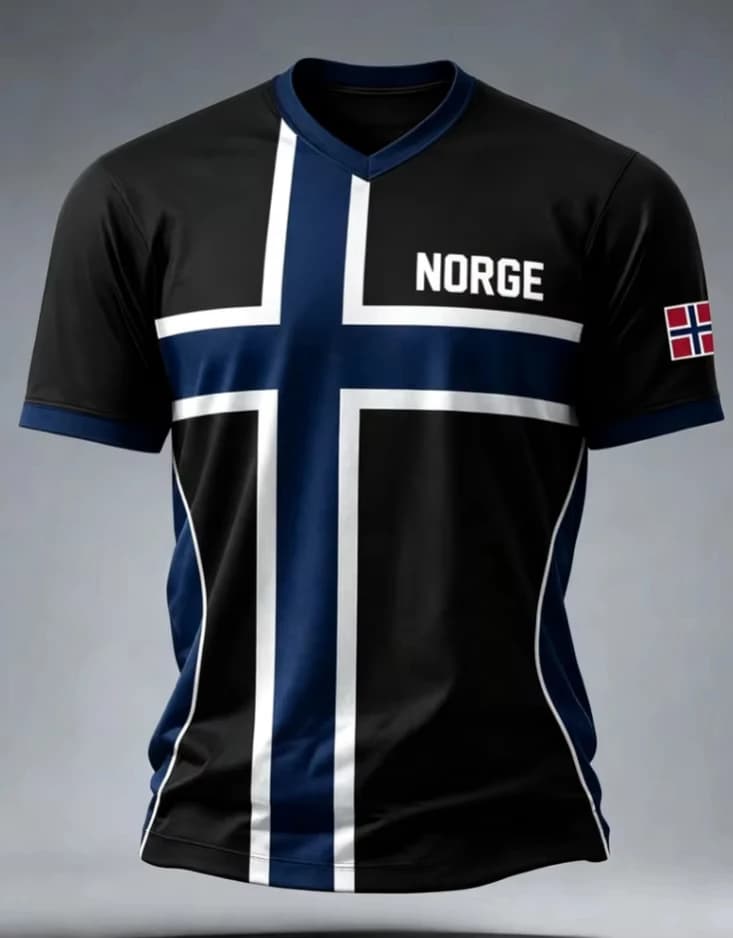 T-shirt brodé drapeau norvégien, motif croix marine, col rond, manches raglan courtes, poignets rayé