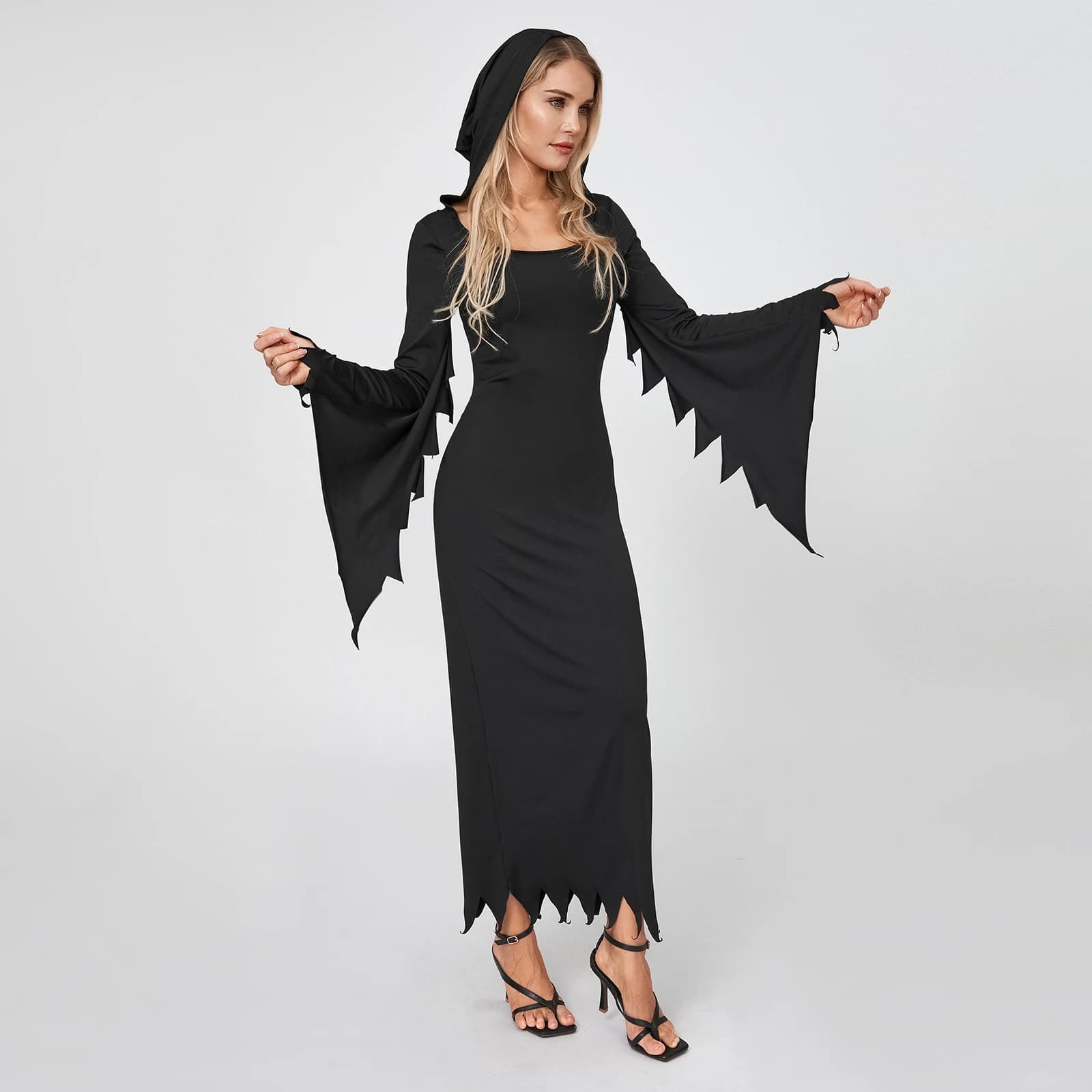 Costume de Sorcière Gothique Noir à Capuche, Robe Évasée à Manches sulfpour ixd'Halloween et Carnava