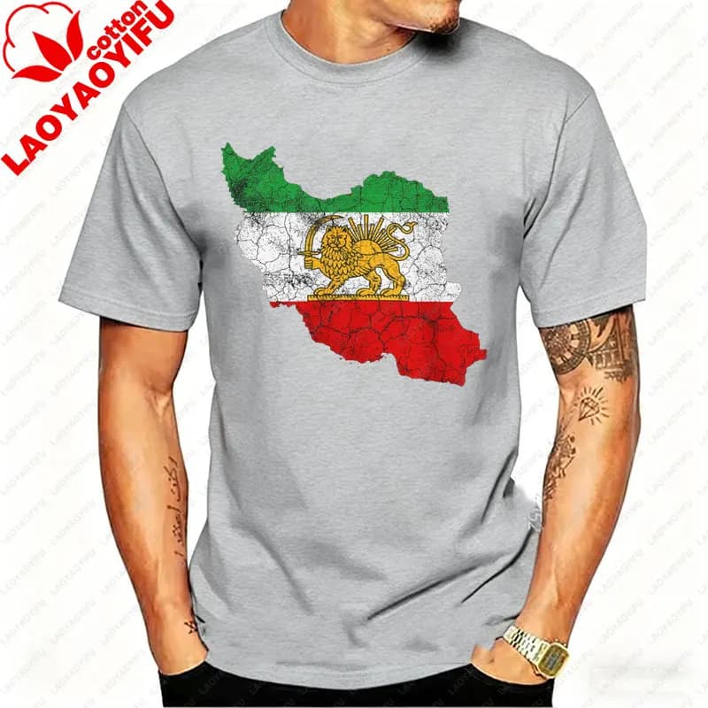 T-shirt Homme Vintage avec Carte de l'Iran, Lion et Soleil, Emblème du Patrimoine Persan, pour les A
