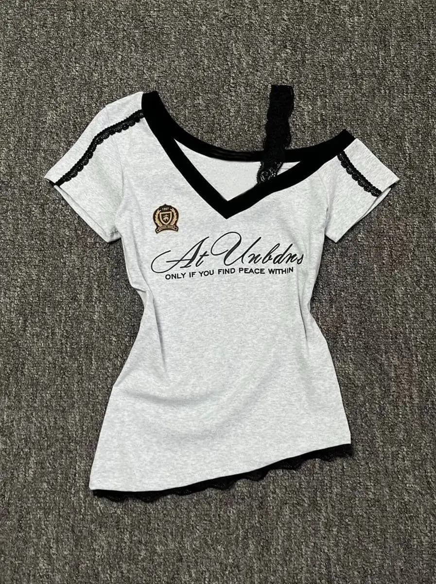 T-shirt Slim en dentelle pour femme, vêtement Vintage Y2k, manches courtes, Goth Punk, col en v, est