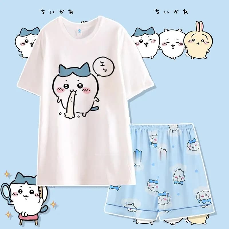Pyjama d'été Chiikawa Usagi Hachiware Momonga, motif dessin animé mignon, col rond, manches courtes,