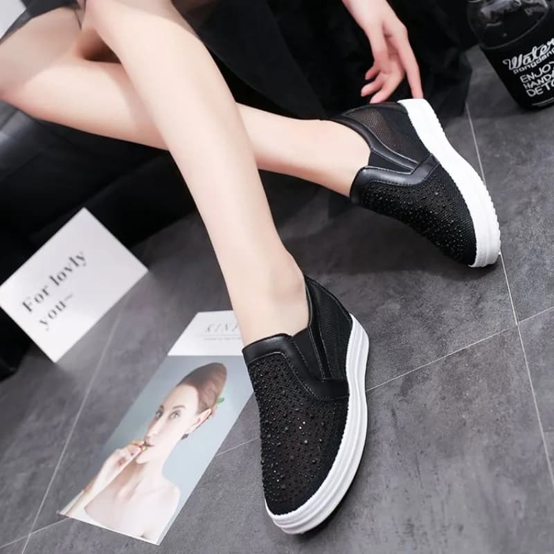 Plate-forme baskets à semelles compensées chaussures en cuir véritable Bling Bling sans lacet printe