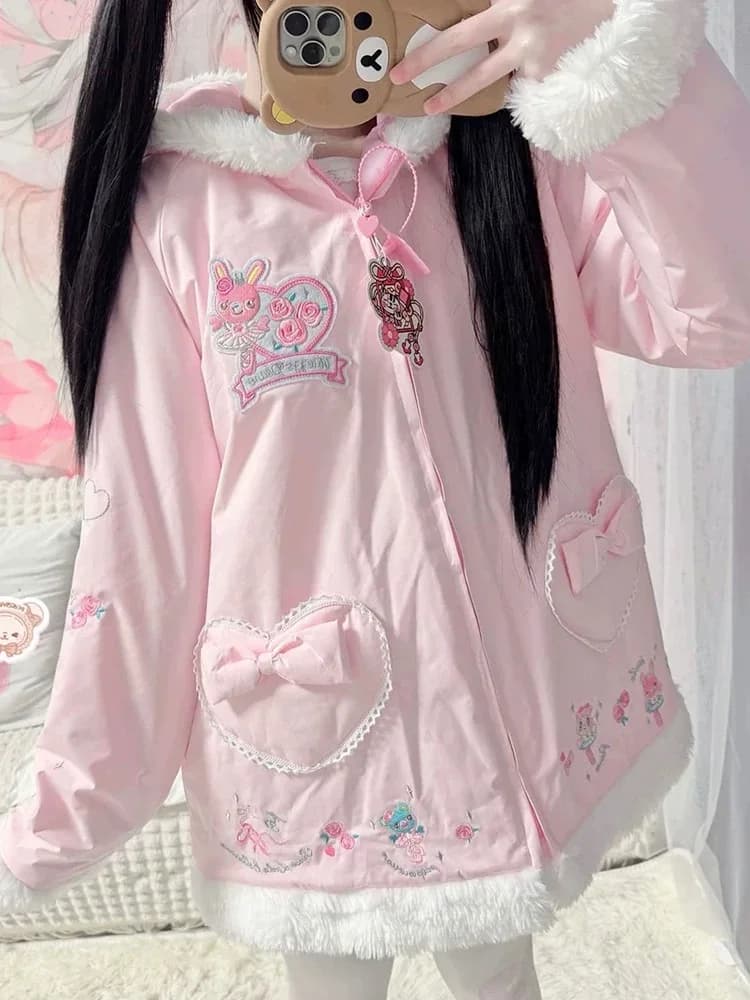 Vestes roses douces pour femmes, vêtements d'automne et d'hiver, épais et chauds, à capuche, broderi