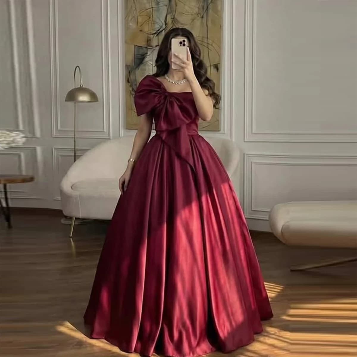Robes de bal bordeaux à épaules dénudées en satin avec grand nœud, style ligne A, robes de soirée po