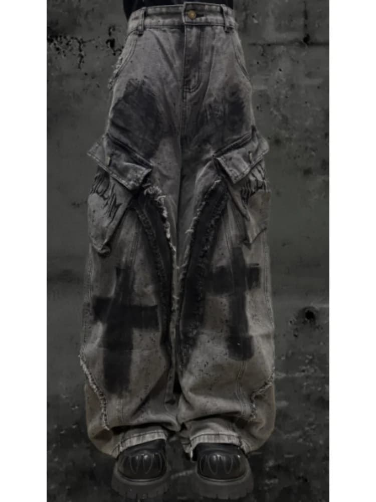 Jeans Unisexe Gothique Punk 2026 Effet Usé Effet Encre Éclaboussée Pour Femme Homme Y2K Graffiti Pan