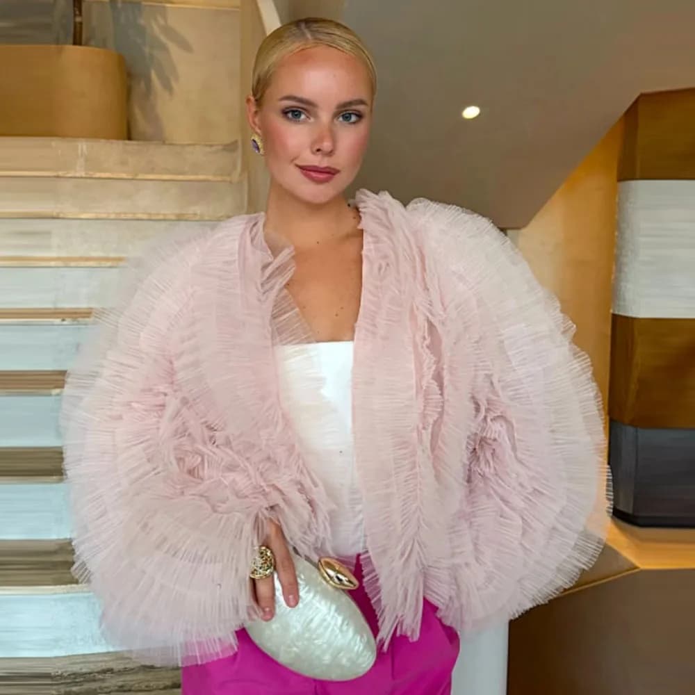 Blush rose Chic chemises bouffantes manches longues Blouse femmes mode rue sur mesure Tulle hauts de