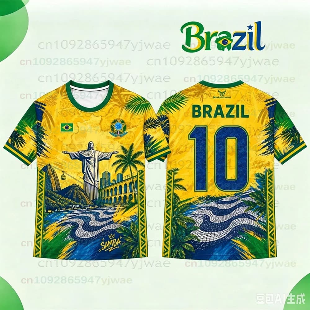 26 Nouveaux T-shirts de football imprimés drapeau brésilien pour hommes et femmes, motif graphique J