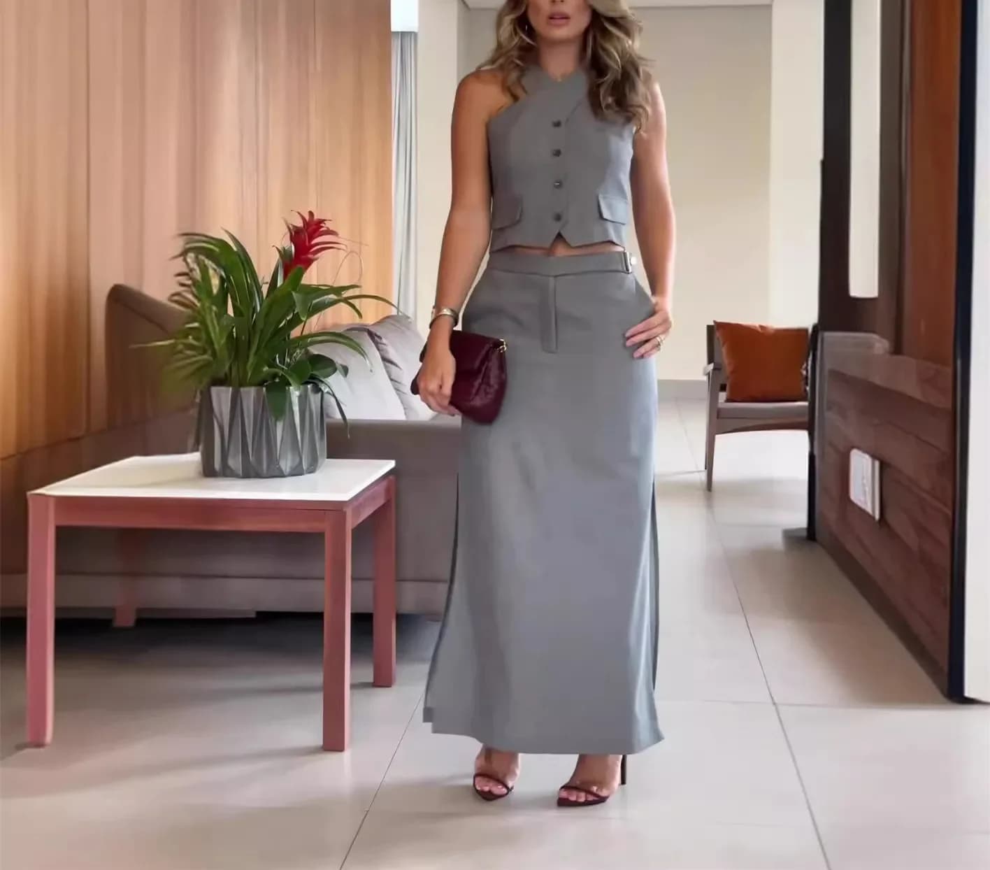 Ensembles de robes élégantes pour femmes, gilet court sans manches et jupes longues taille haute, de