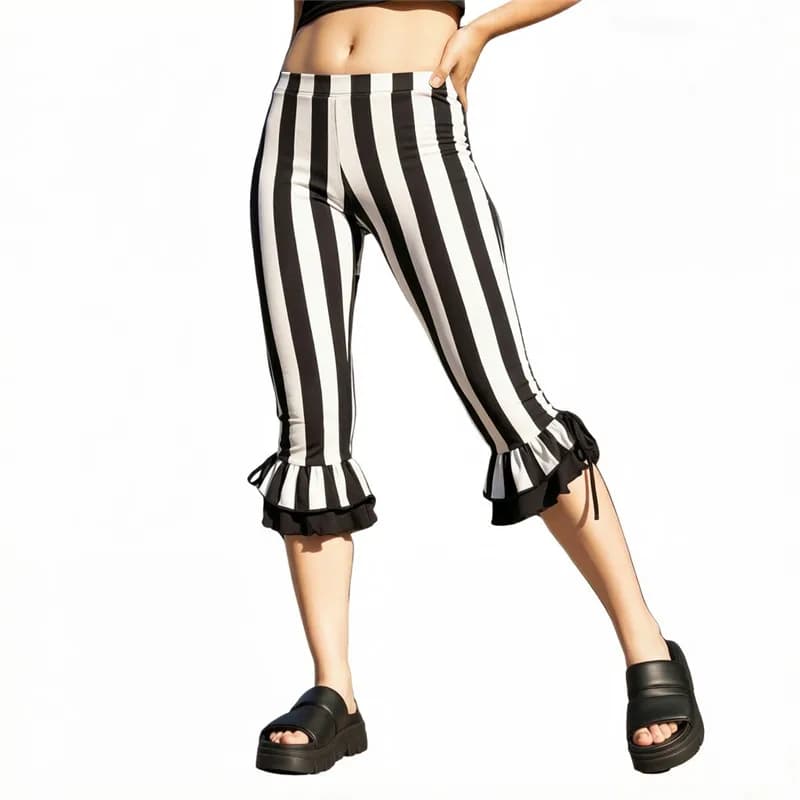 Pantalon Capri rayé pour femme avec ourlet à volants et détail cordon de serrage, taille haute, styl
