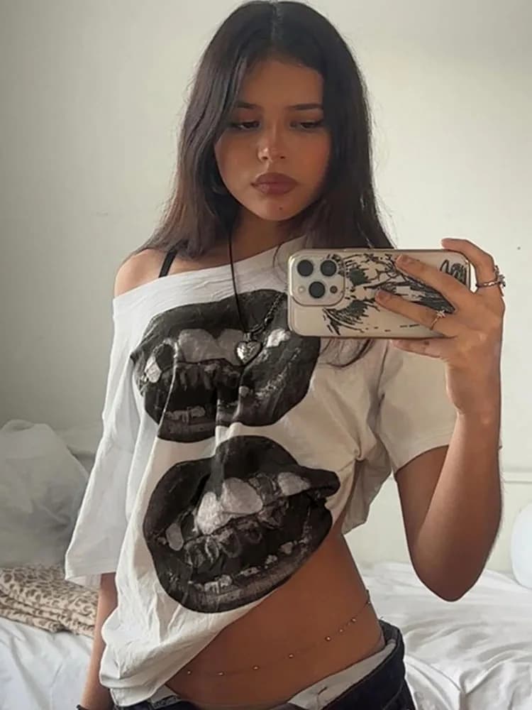 American Street Hip Hop bouche imprimé T-shirt ample femmes personnalisé haut décontracté
