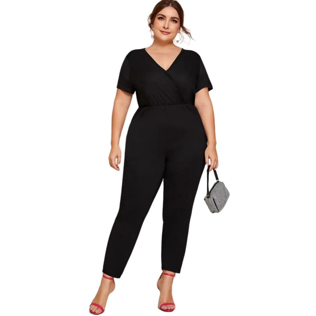 Femmes grande taille Sexy col en v été printemps combinaisons élégantes col rond taille haute élasti