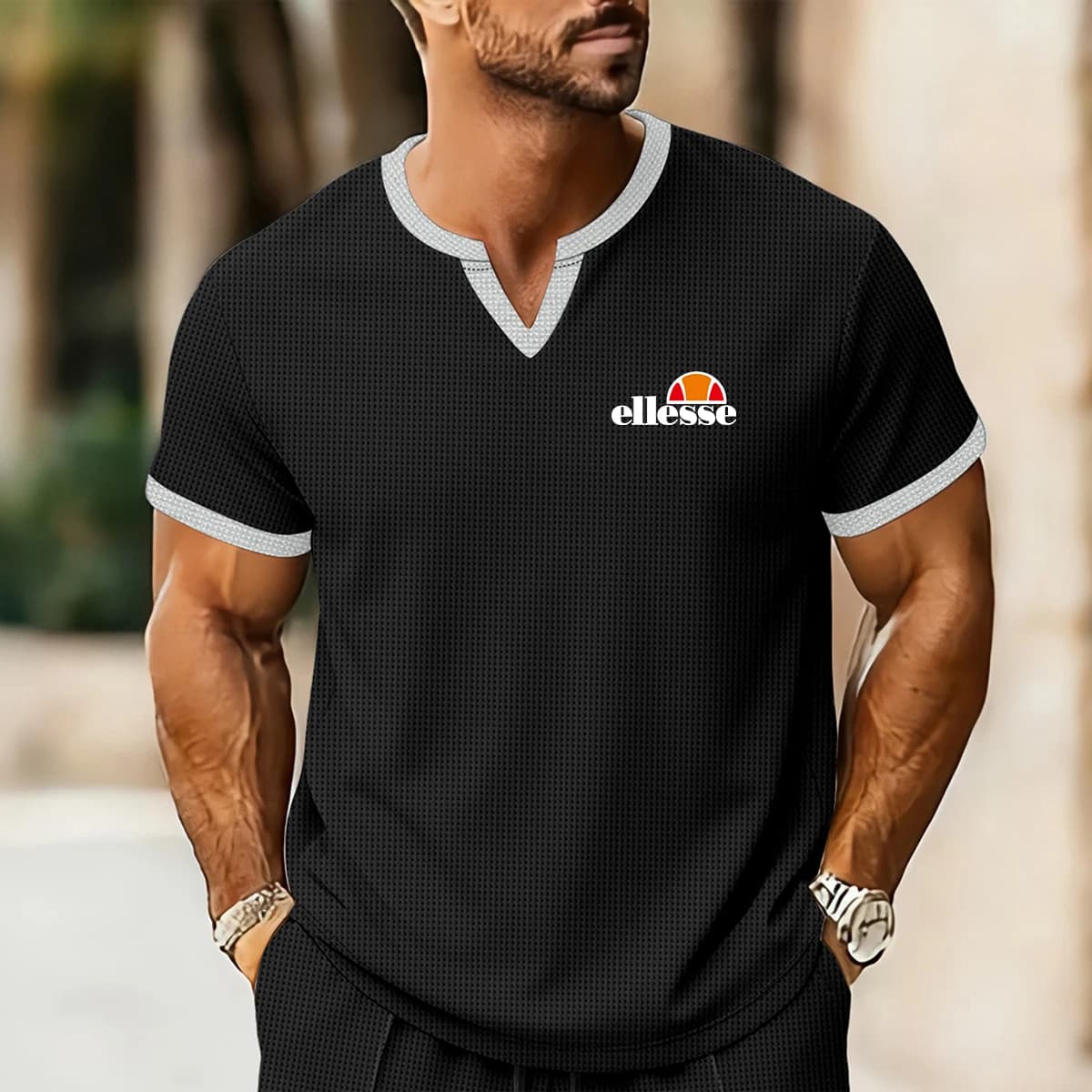 T-shirt ellesse pour homme de qualité supérieure : texture gaufrée douce pour la peau, bordure contr