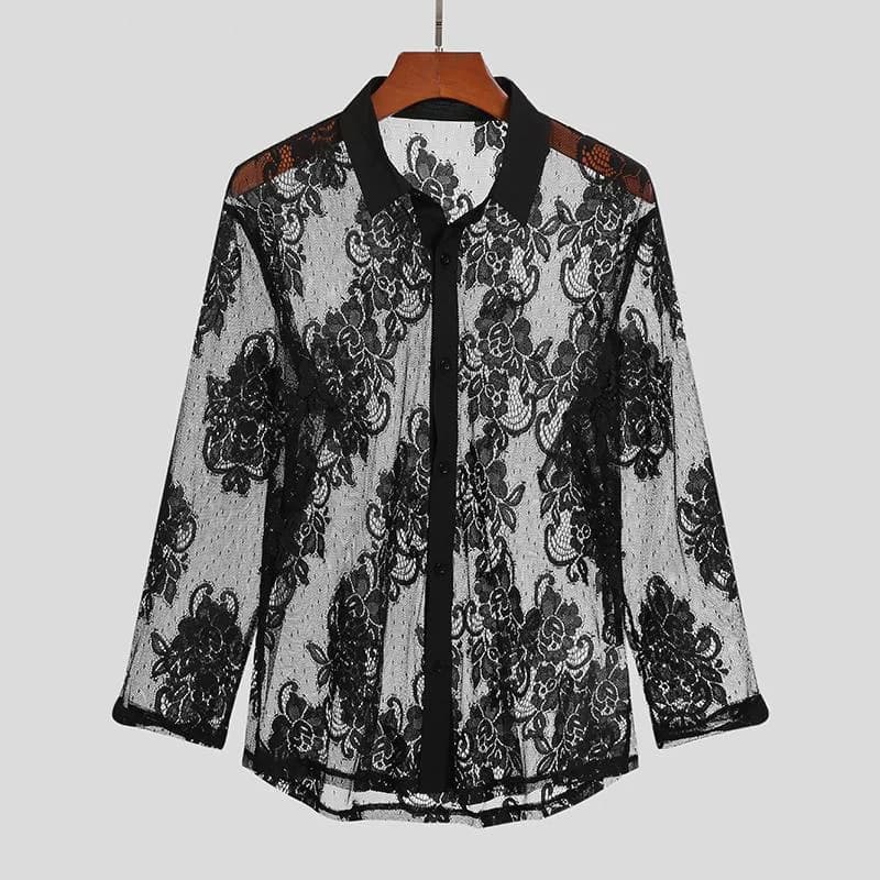 Chemise pour homme en dentelle florale transparente à manches longues, style décontracté pour les fê