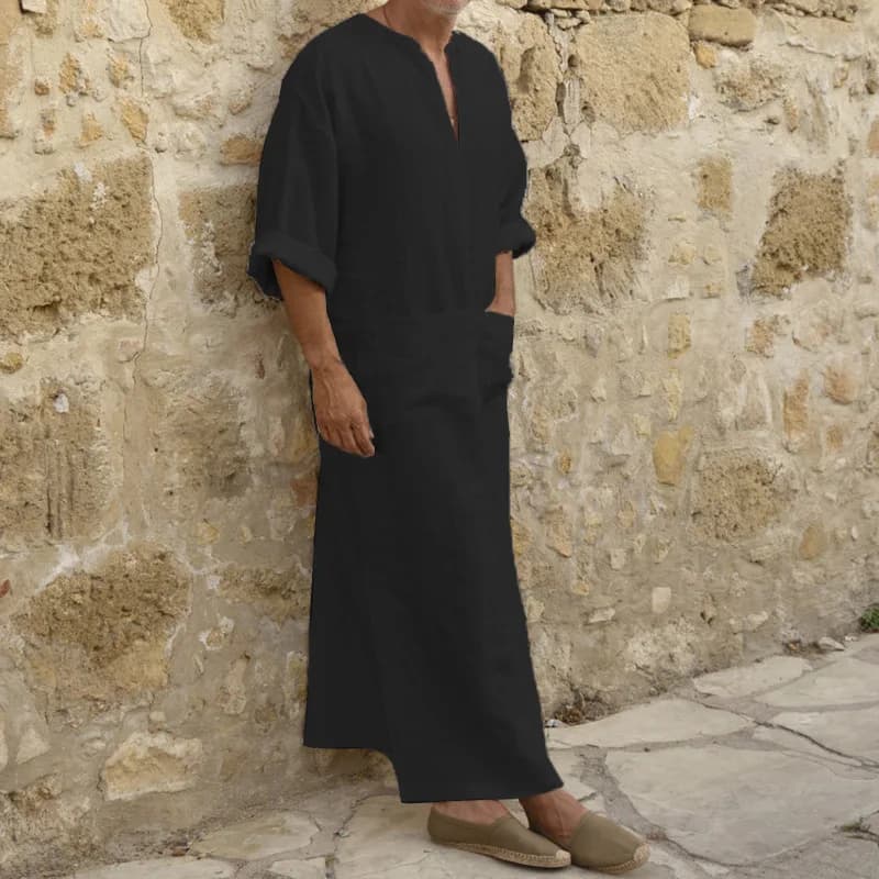 Grande taille hommes couleur unie Robe musulmane rétro arabe islamique Robe longue décontracté coton