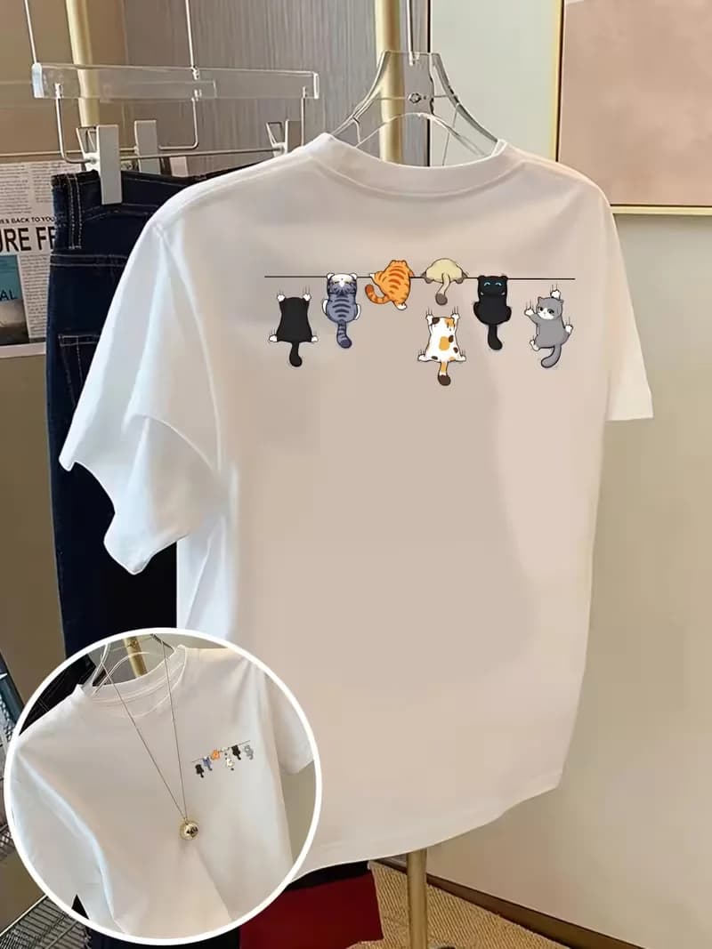 Cat Rope, T-shirt à imprimé chats de dessin animé, manches courtes, col rond, haut décontracté pour