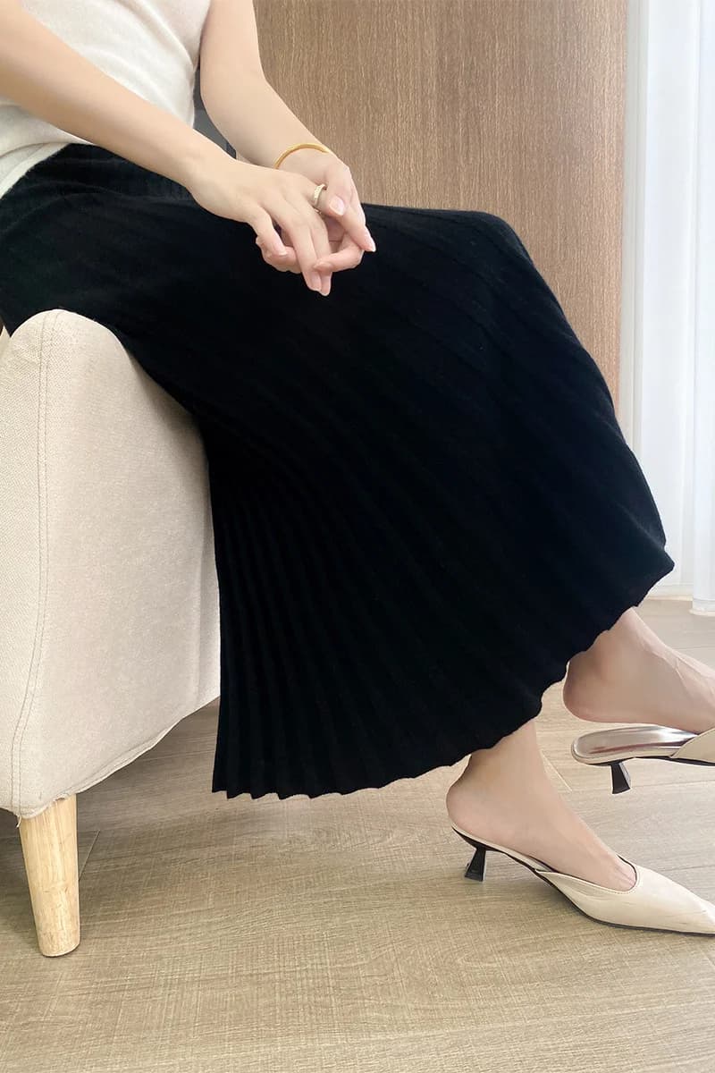LONGMING-Robe Noire 100% Laine Mérinos pour Femme, Vêtements d'Hiver, Mode Automne, Jupes Plissées C