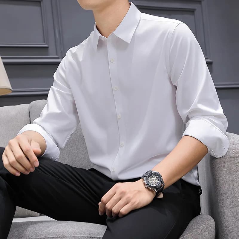  Chemise à manches longues en modal cool touch pour hommes sans fer – Business décontracté résist