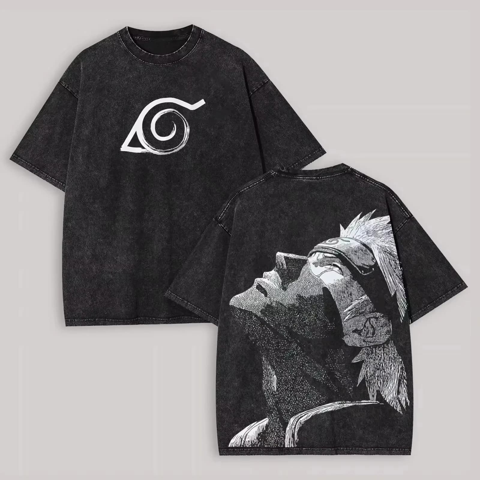 T-shirt Kakashi Hatake Naruto pour homme, imprimé au dos effet délavé, motif anime Konoha, streetwea