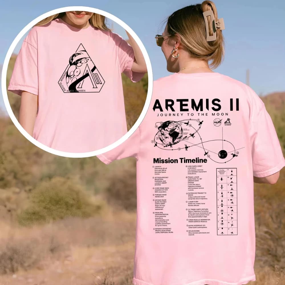 T-shirt spatial avec l'illustration de la chronologie de la mission lunaire Artemis 2, haut tendance
