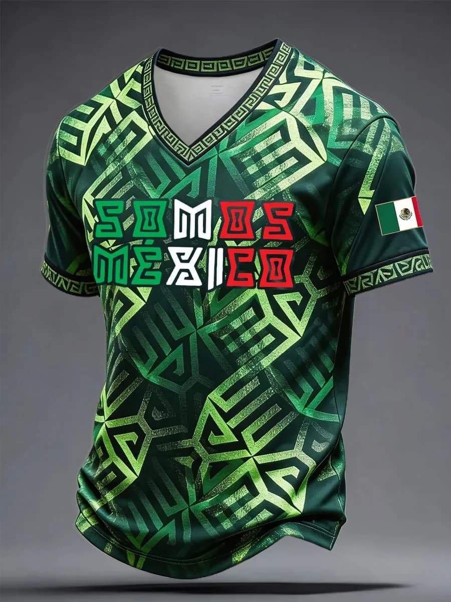 Nouveau T-shirt de football mexicain 2026 – Col en V imprimé, manches courtes, texte Somos Mexico, d
