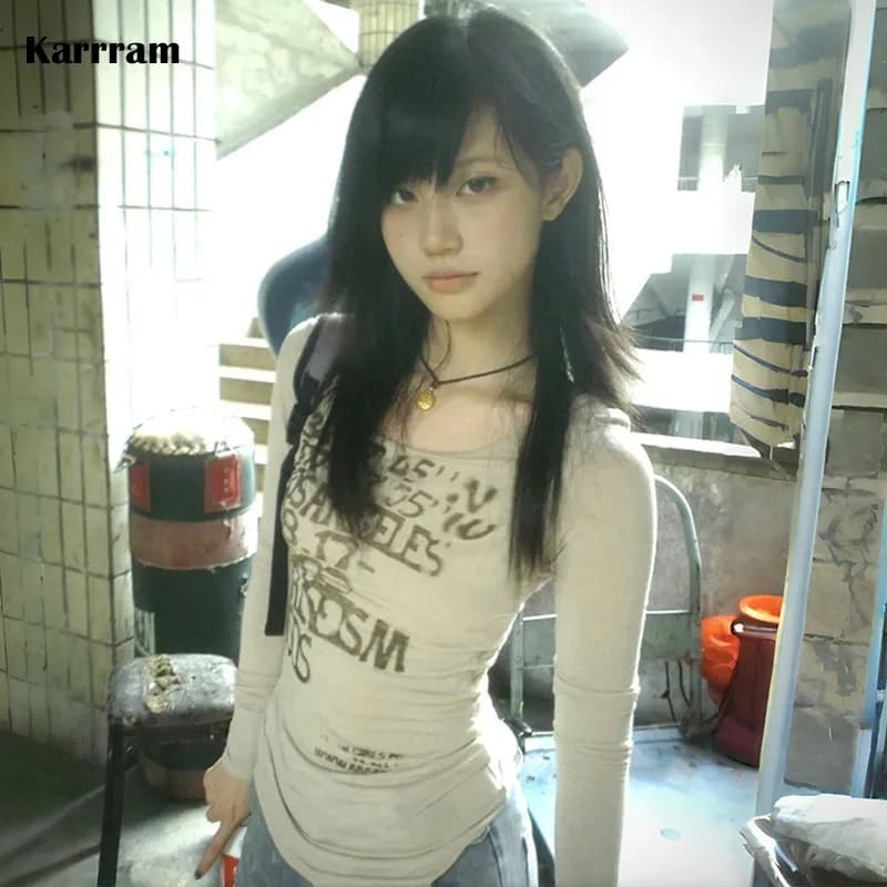 T-shirt à manches longues avec lettre imprimée japonaise, Streetwear rétro américain, Style des anné