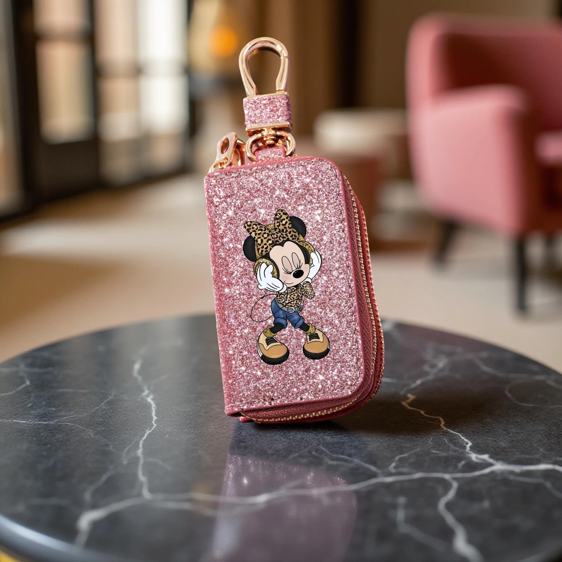 1 sac à clés Minnie-porte-clés synthétique élégant avec fermeture éclair dorée, organisateur de clés