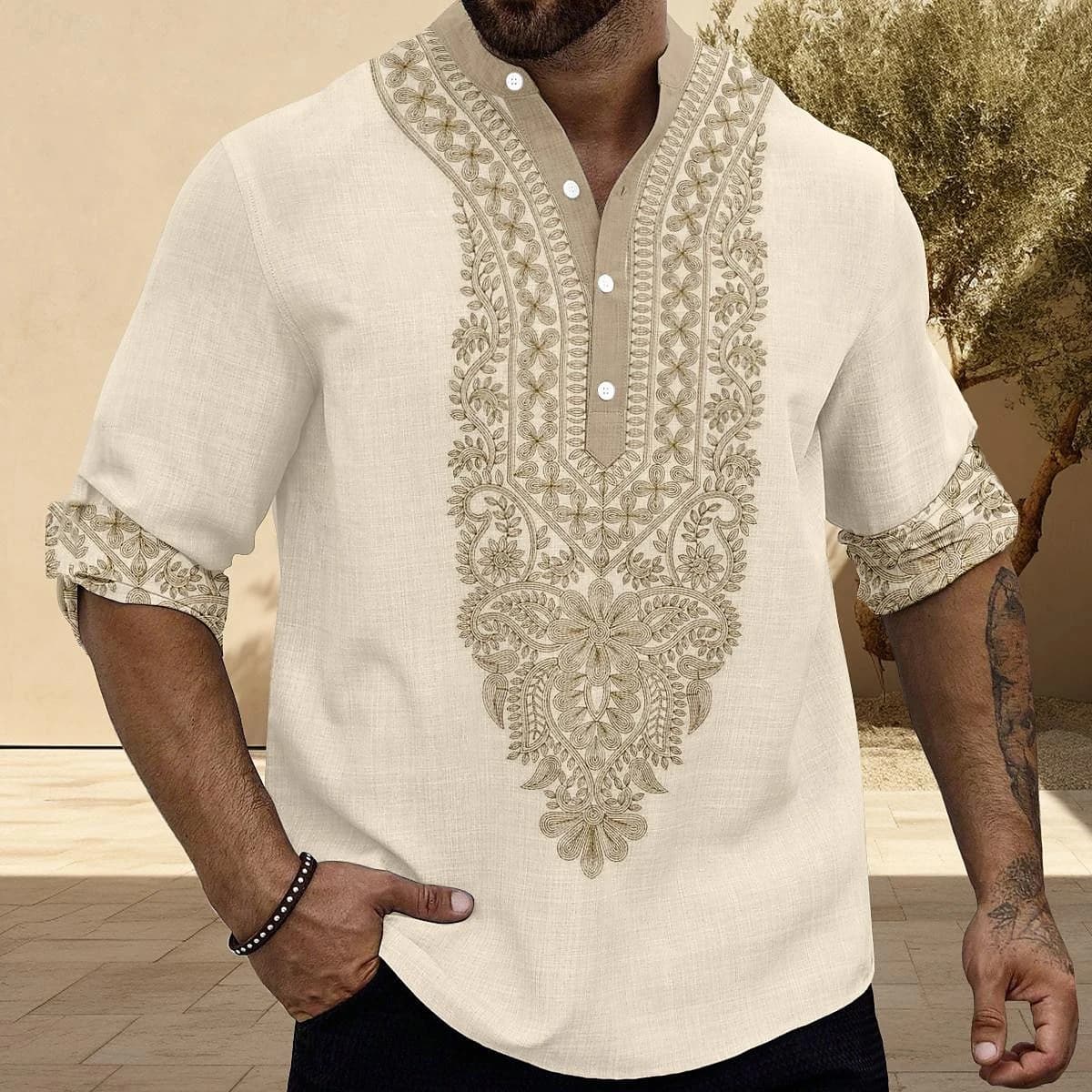 Automne Henley chemises Style ethnique impression 3D hauts chemisier hommes décontracté mode Vintage