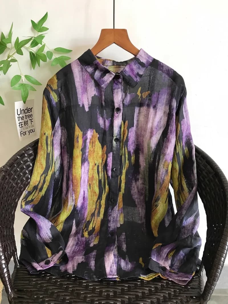 Vêtements d'automne 100% ramie violet imprimé tie-dye chemises et chemisiers pour femmes automne à m