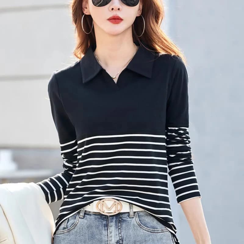 Nouveau Femmes Coton T-shirt à rayures Printemps Automne Mode Col rabattu Manches longues Polo Tees