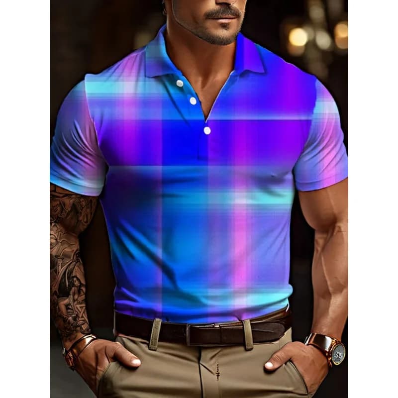 Polo homme imprimé 3D coloré à motifs géométriques – Vêtements décontractés d'été à revers et manche