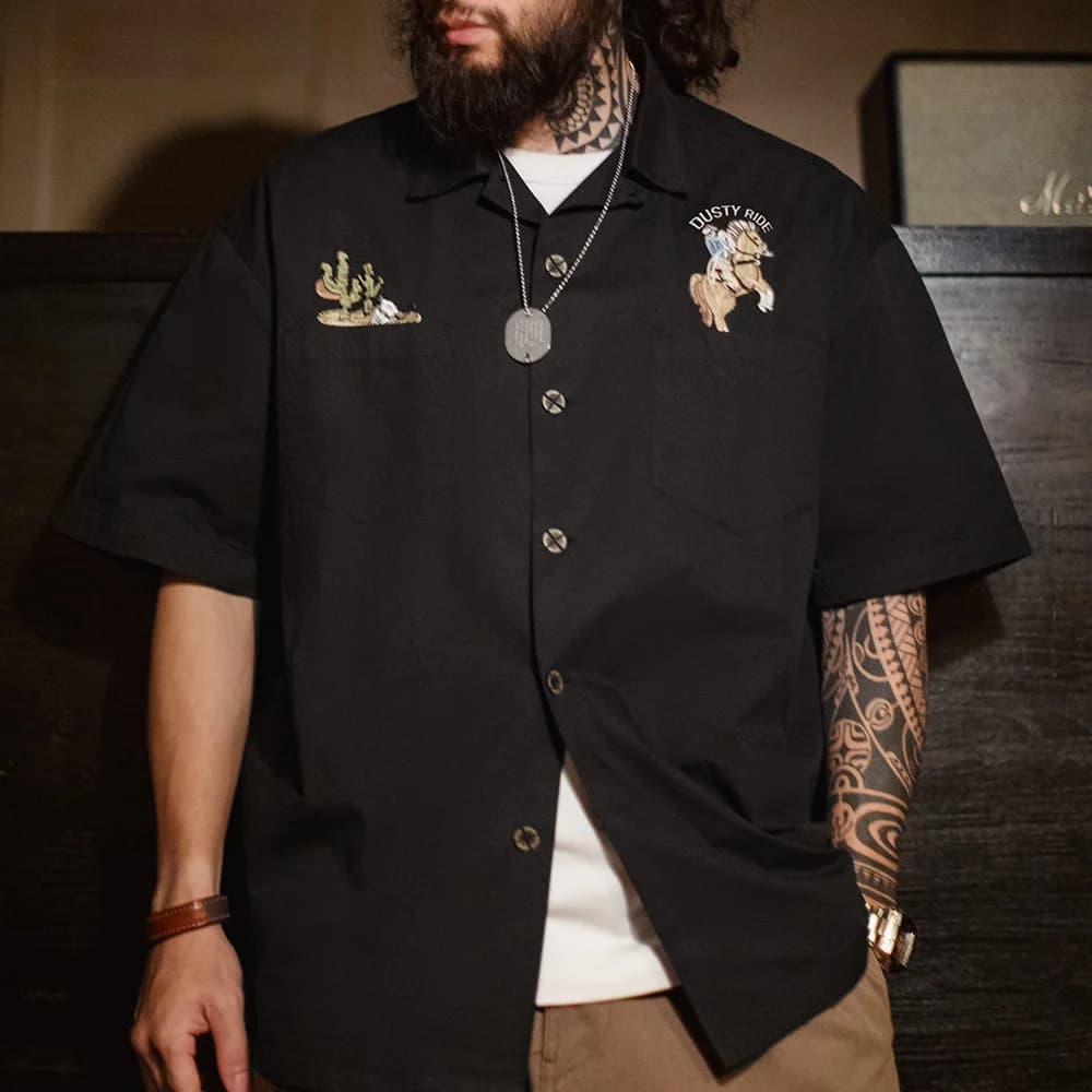 Chemise Maden pour homme, style rétro, col cubain, en coton noir, manches courtes, broderie, chemise