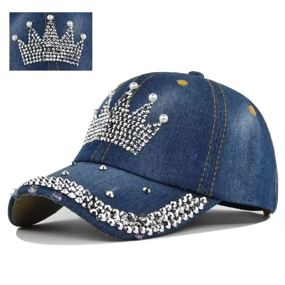 Casquette de baseball rétro pour femmes, chapeau de rue, perles de couronne, denim, pare-soleil fémi