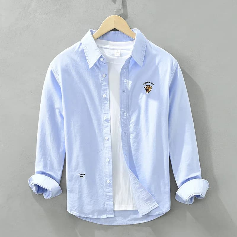 Chemises brodées Oxford pour hommes, vêtements simples en pur coton, Streetwear décontracté, col rab