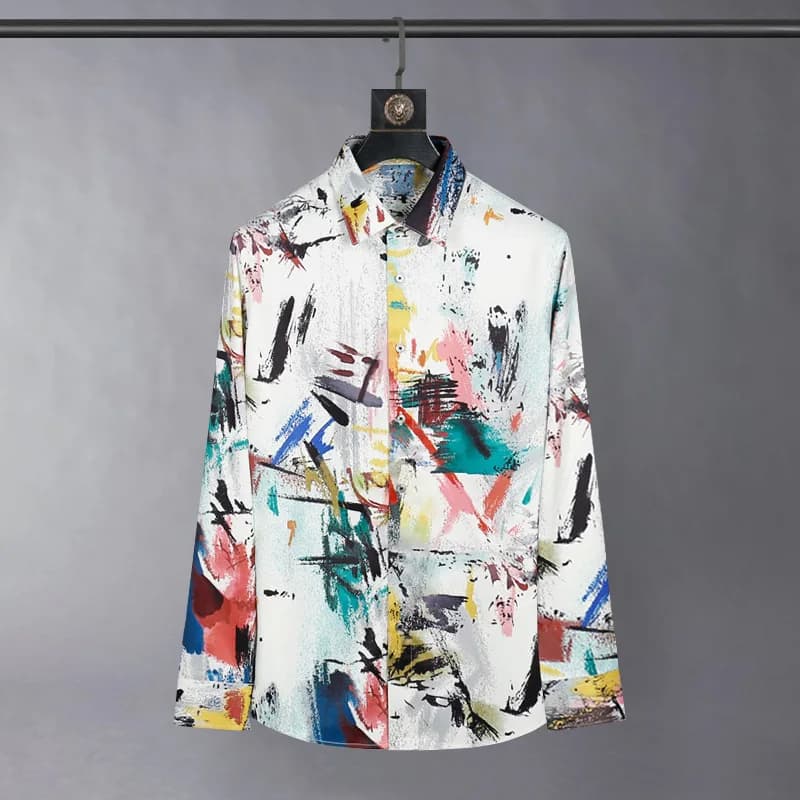 2025 chemise en soie hommes mode Graffiti imprimé à manches longues chemises décontractées mince Soc