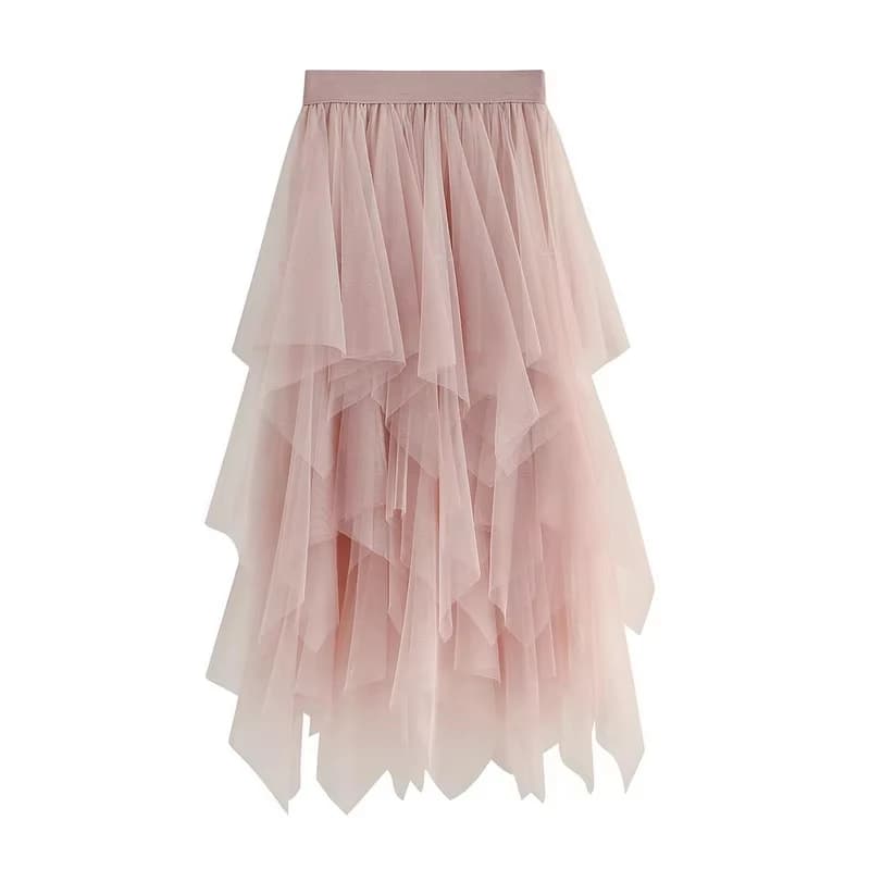 Jupe vintage grunge taille haute élastique irrégulière multicouche en tulle uni effet bulles pour fe