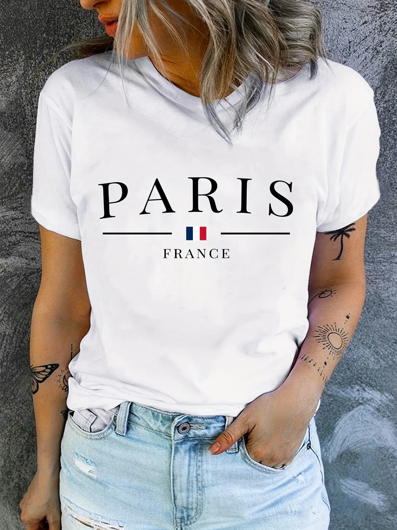 PARIS France T-shirt décontracté à col rond - Motif géométrique Longueur régulière Vêtements d'été D